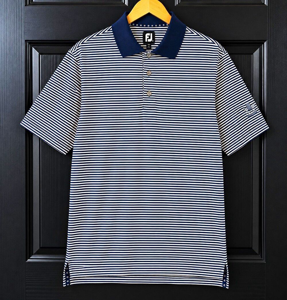 FootJoy Men's M Navy/White Striped Stretch Golf Polo Shirt Short Sleeve
